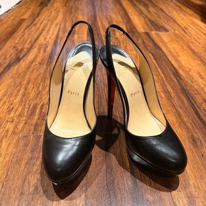 Christian Louboutin Black Leather Slingback Platform Heels Red Bottom